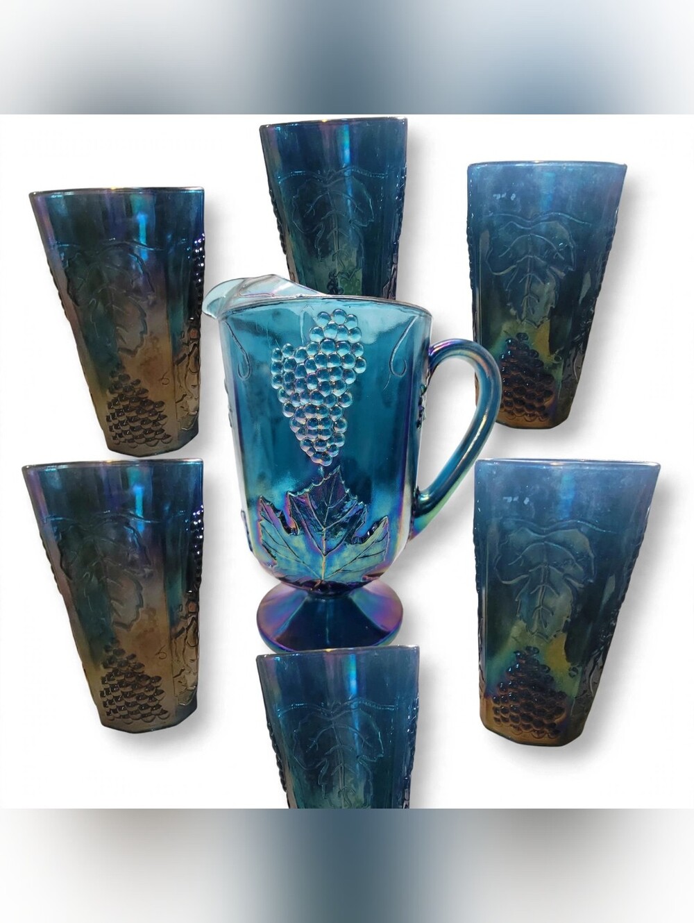 Vintage Indiana Glass Blue Carnival Glass - Harvest Grape Pitcher + 6 Tumblers -
